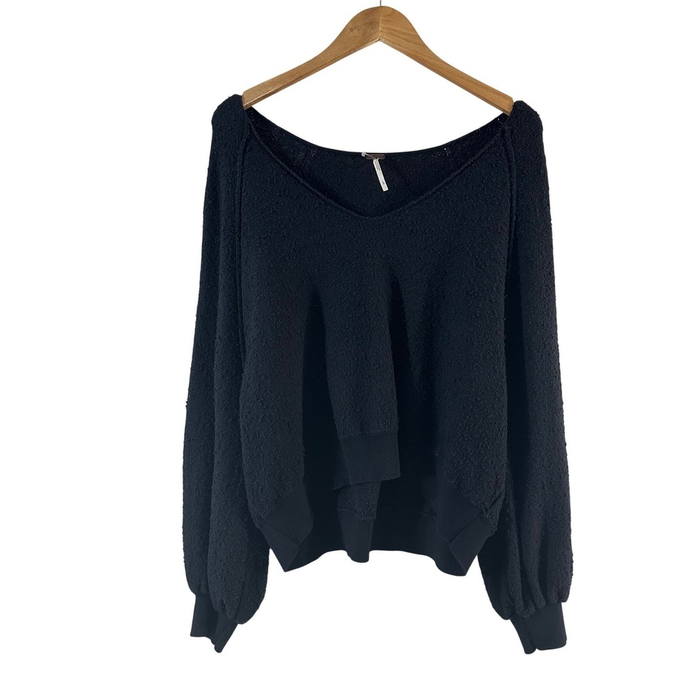 Free People Womens Black Cotton Blend‎ V-Neck Oversized Balloon Sleeve Sweater L